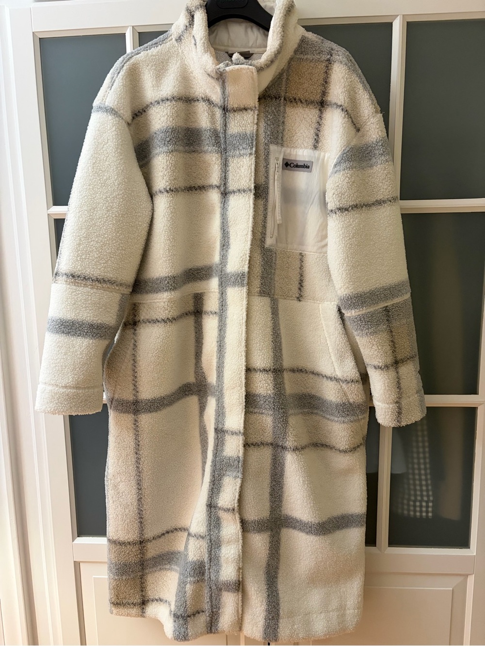 Columbia Cream and Gray Plaid Sherpa Long Coat